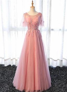 Picture of Pink Tulle A-line Long Party Dresses, Pink Bridesmaid Dresses